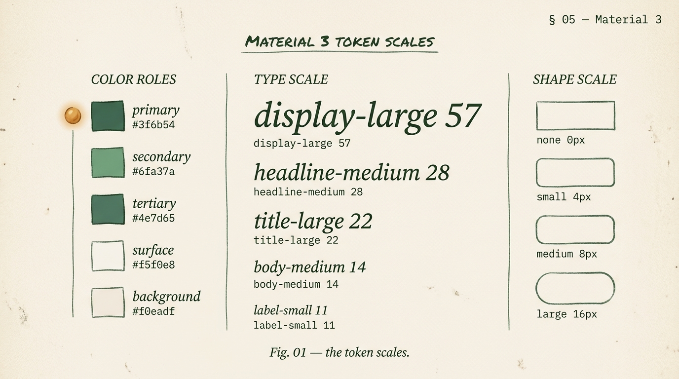 Editorial Material 3 token map with a left column of five color-role palette swatches labeled primary secondary tertiary surface background with hex values, a middle column showing the type scale, and a right column showing the shape scale, with an amber orb beside the primary color.
