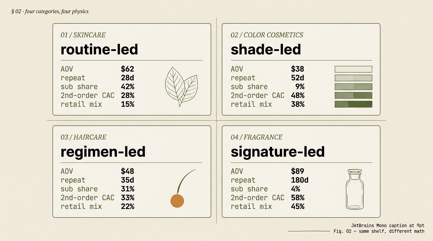 Editorial 2x2 grid of four beauty category plates showing commerce physics: skincare routine-led with AOV $62 and 28-day repeat window; color cosmetics shade-led with AOV $38 and 9% subscription share; haircare regimen-led with AOV $48 and 31% subscription share; fragrance signature-led with AOV $89 and 180-day repeat window.