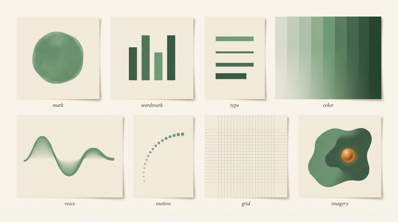 Eight editorial tiles illustrating the components of a brand identity design system: mark, wordmark, type, colour, voice, motion, grid, and imagery