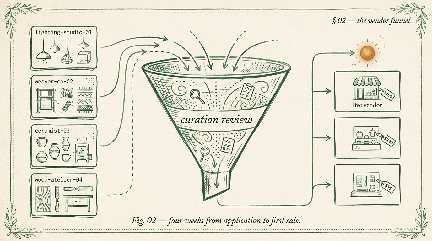 Editorial diagram showing the four-stage vendor onboarding funnel: 184 applications filtered through editorial curation review to 61 invited vendors, compressed into 47 live shops shipping their first order within four weeks of invitation.