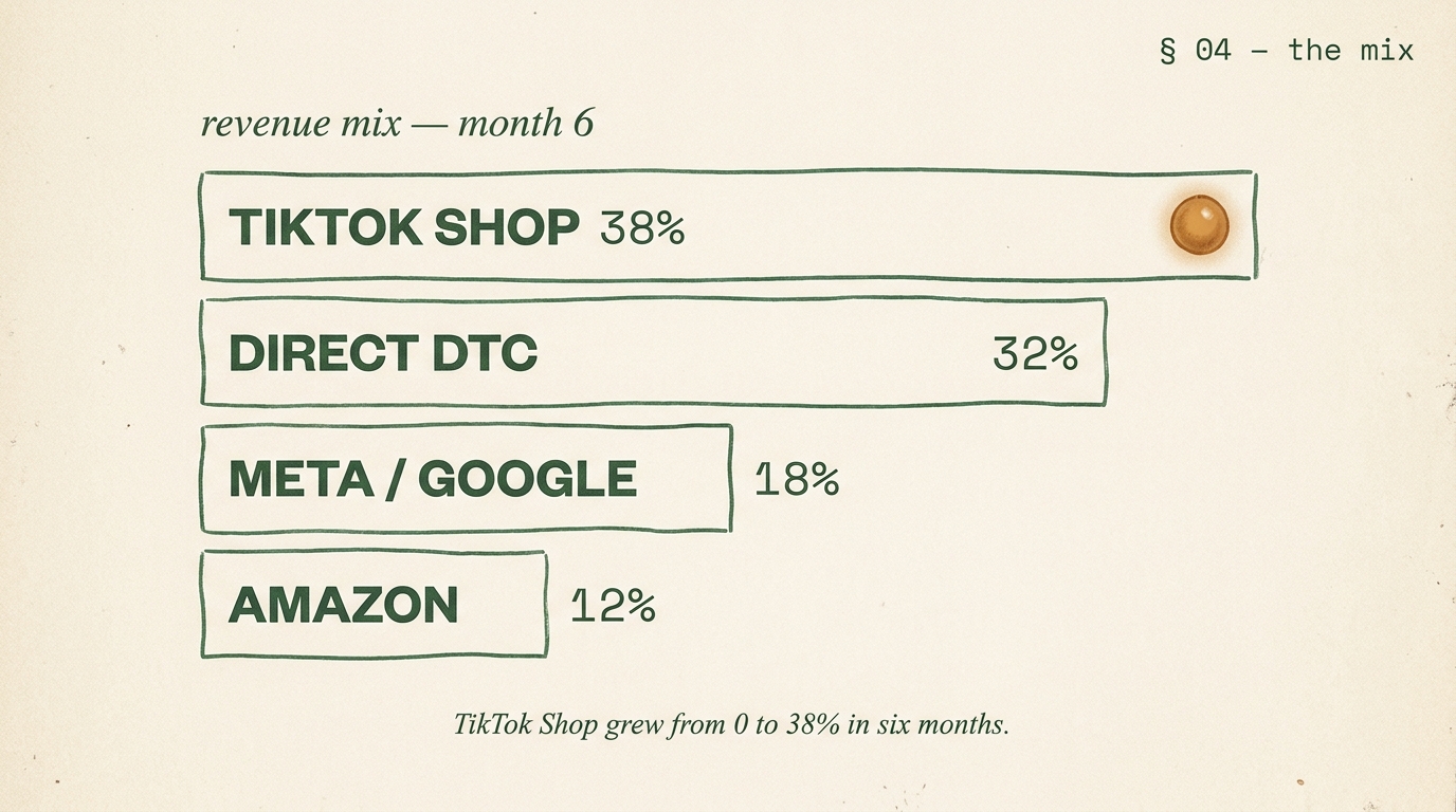Editorial channel mix bar chart for month 6 showing TikTok Shop at 38 percent revenue share as the longest bar with amber endpoint, Direct DTC at 32 percent, Meta and Google combined at 18 percent, and Amazon at 12 percent.