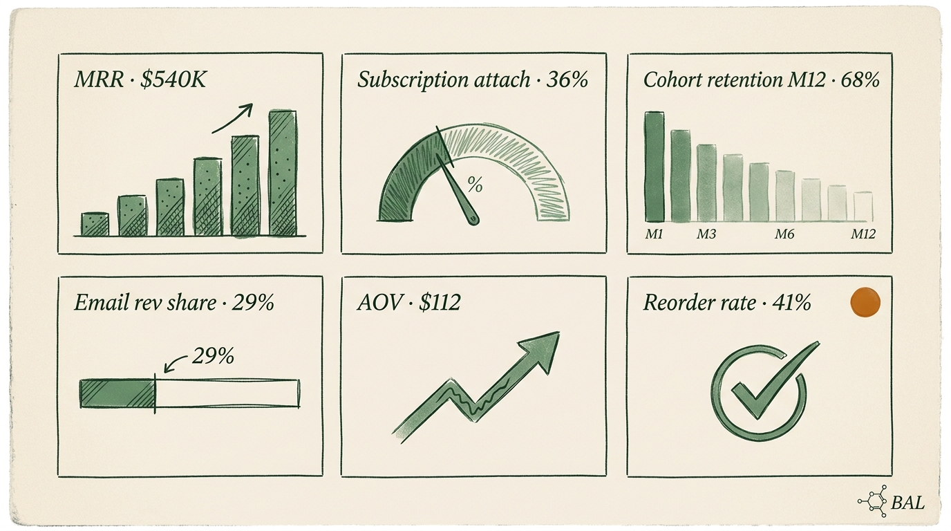 Editorial dashboard mockup with six metric tiles for the Baltimore biotech-wellness archetype: MRR, subscription attach, cohort retention, email revenue, AOV, reorder rate
