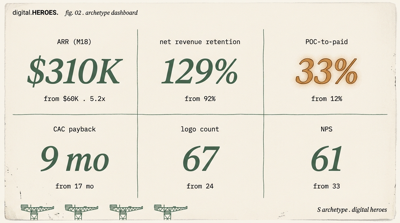 Editorial dashboard mockup with six metric tiles for the Belfast UK cyber SaaS archetype: ARR, net retention, trial conversion, CAC payback, logo count, NPS