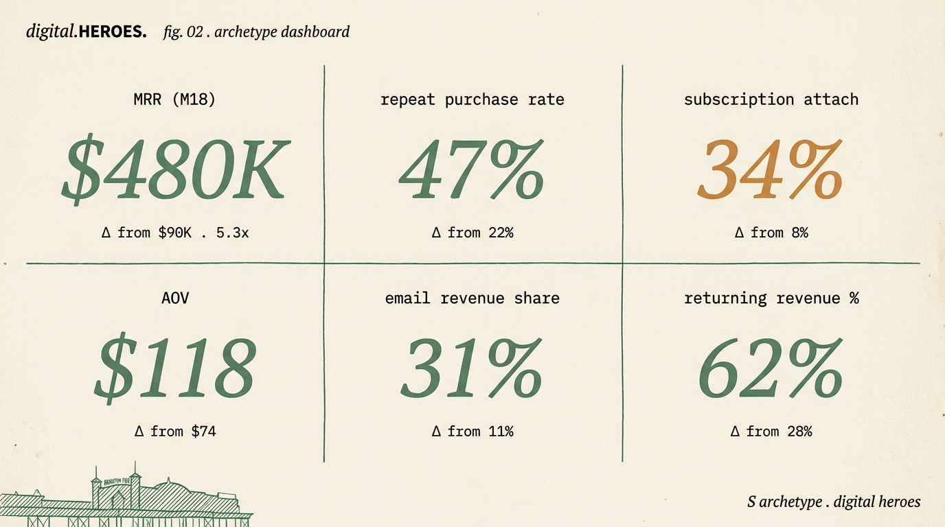 Editorial dashboard mockup with six metric tiles for the Brighton UK DTC fashion archetype: MRR, repeat purchase rate, subscription attach, returning revenue, AOV, email revenue share
