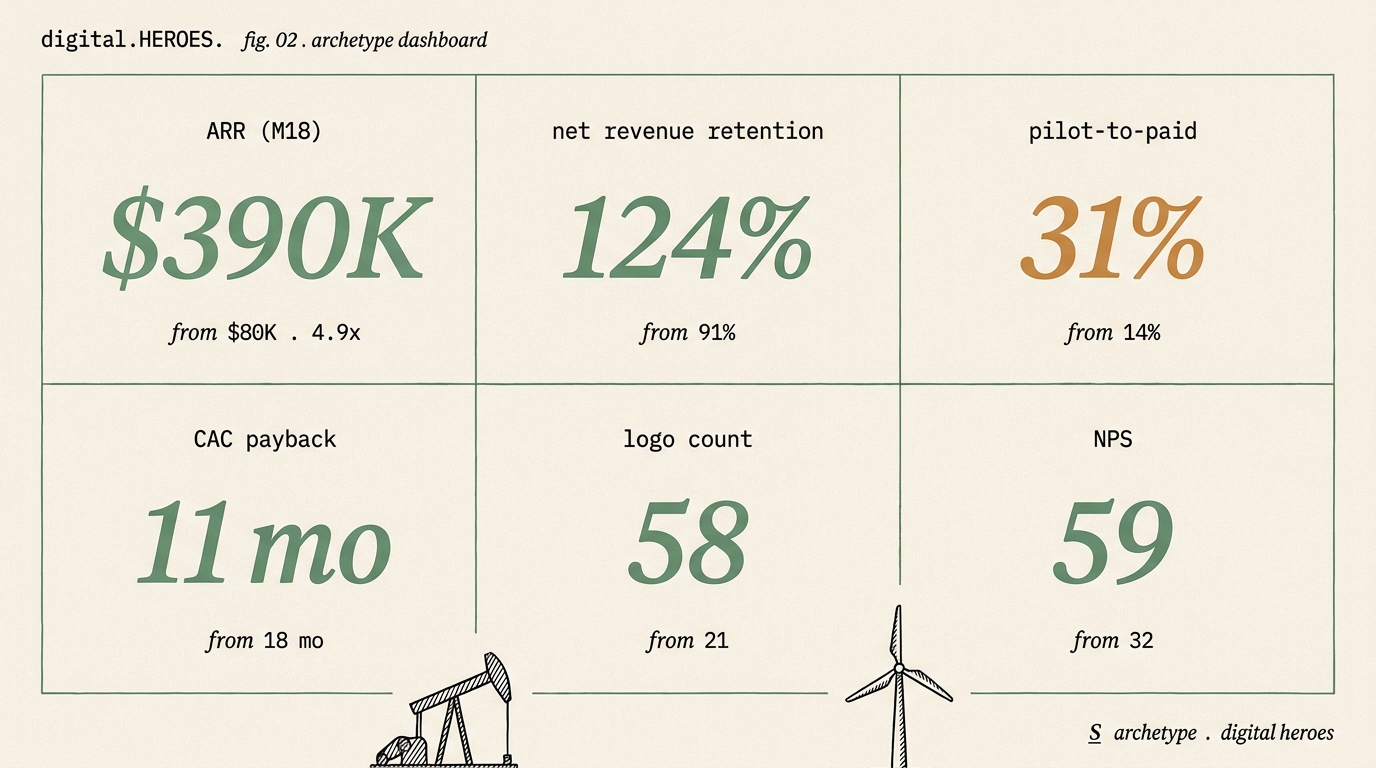 Editorial dashboard mockup with six metric tiles for the Calgary cleantech SaaS archetype: ARR, net retention, pilot-to-paid, CAC payback, logo count, NPS