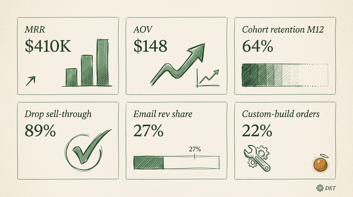 Editorial dashboard mockup with six metric tiles for the Detroit Motor City heritage archetype: MRR, AOV, cohort retention, drop sell-through, email revenue, custom-build orders