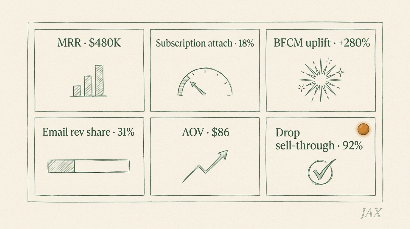 Editorial dashboard mockup with six metric tiles for the Jacksonville beaches DTC archetype: MRR, subscription attach, BFCM uplift, email revenue share, AOV, drop sell-through