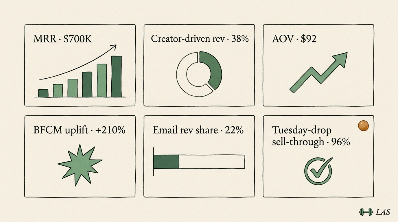 Editorial dashboard mockup with six metric tiles for the Las Vegas lifestyle DTC archetype: MRR, creator-driven revenue, AOV, BFCM uplift, email revenue, Tuesday-drop sell-through