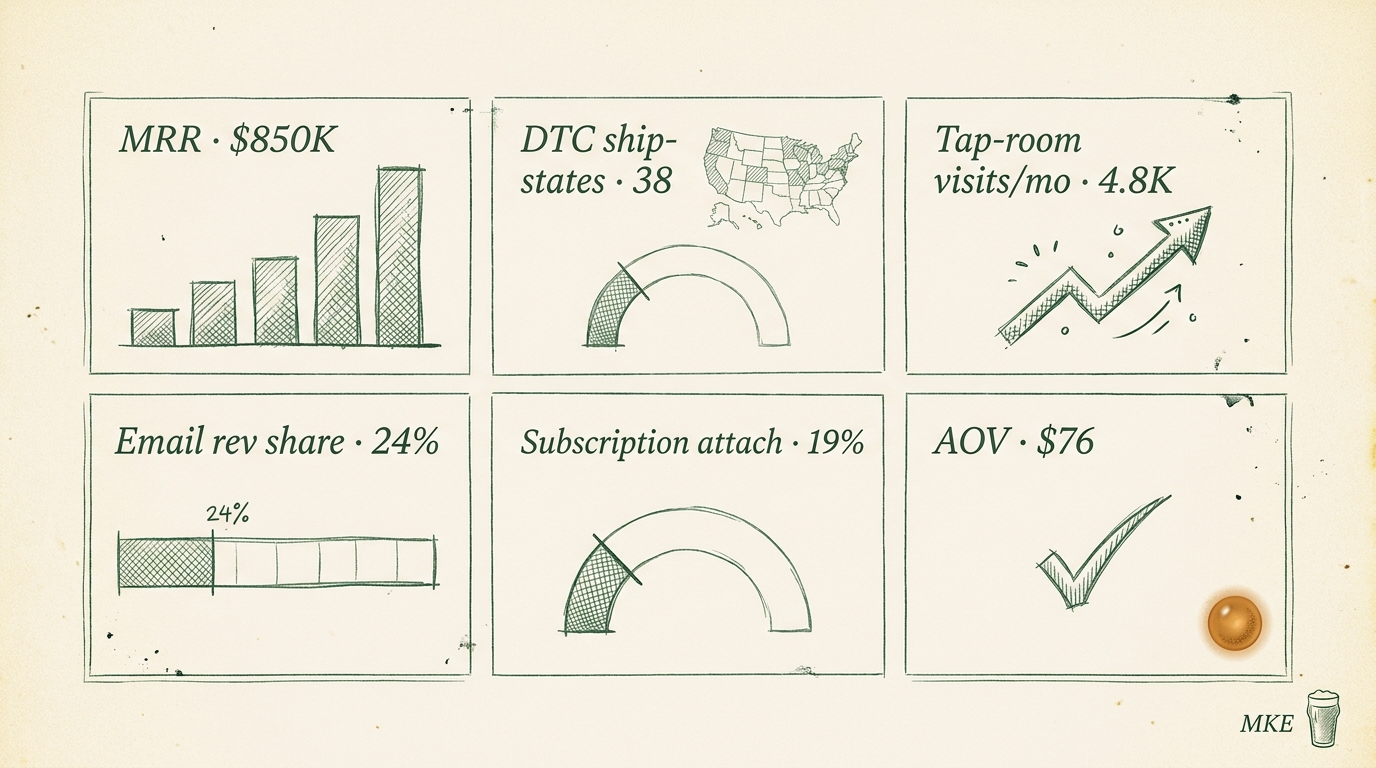 Editorial dashboard mockup with six metric tiles for the Milwaukee craft brewery archetype: MRR, ship-states, tap-room visits, email revenue, subscription attach, AOV