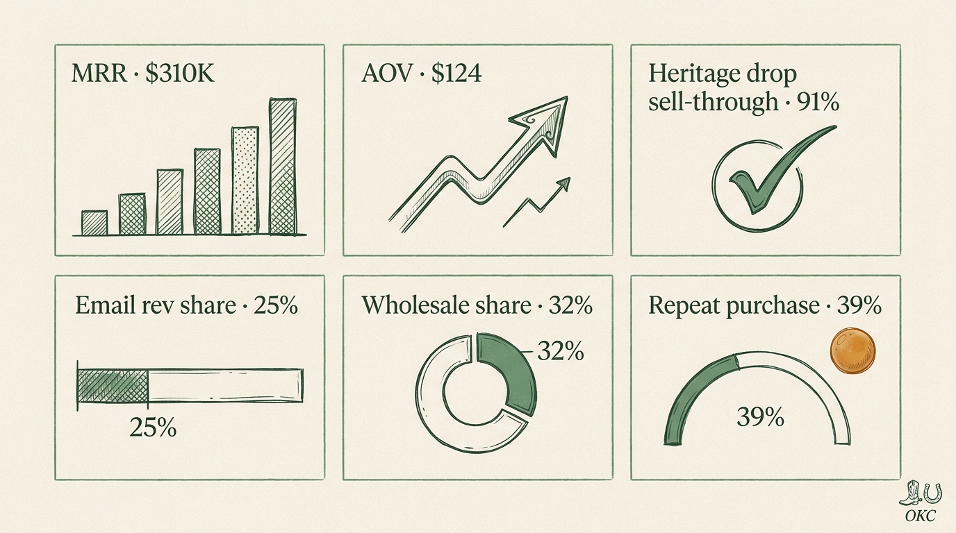 Editorial dashboard mockup with six metric tiles for the OKC heritage ranchwear archetype: MRR, AOV, heritage drop sell-through, email revenue, wholesale share, repeat purchase