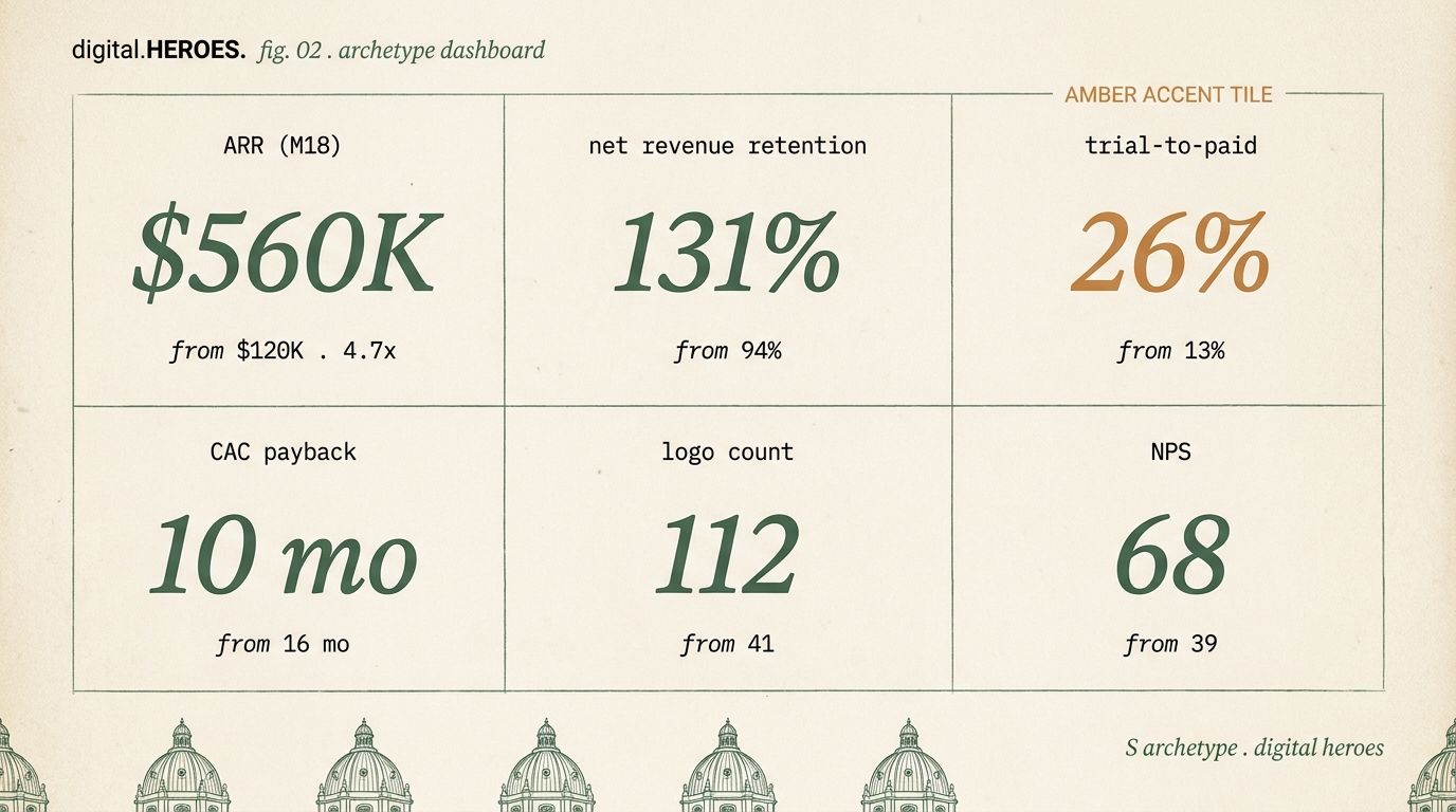 Editorial dashboard mockup with six metric tiles for the Oxford UK biotech-SaaS archetype: ARR, net retention, trial conversion, CAC payback, logo count, NPS