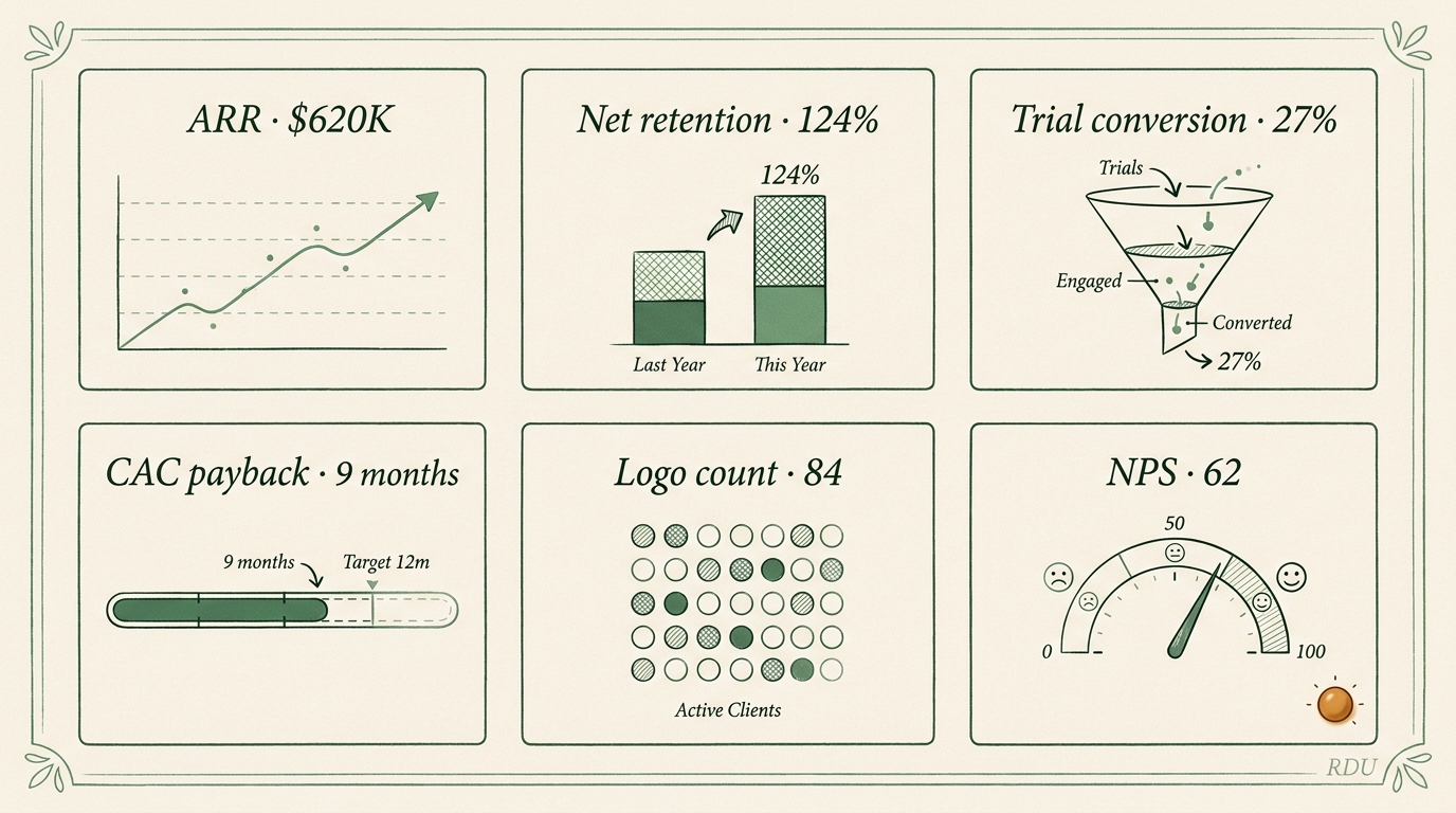 Editorial dashboard mockup with six metric tiles for the Raleigh Research Triangle SaaS archetype: ARR, net retention, trial conversion, CAC payback, logo count, NPS