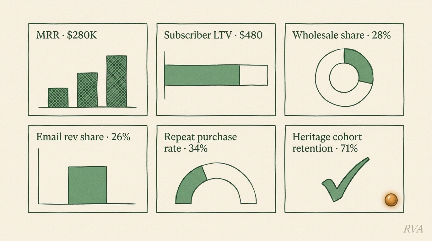 Editorial dashboard mockup with six metric tiles for the Richmond heritage craft archetype: MRR, subscriber LTV, wholesale share, email revenue, repeat purchase, heritage cohort retention