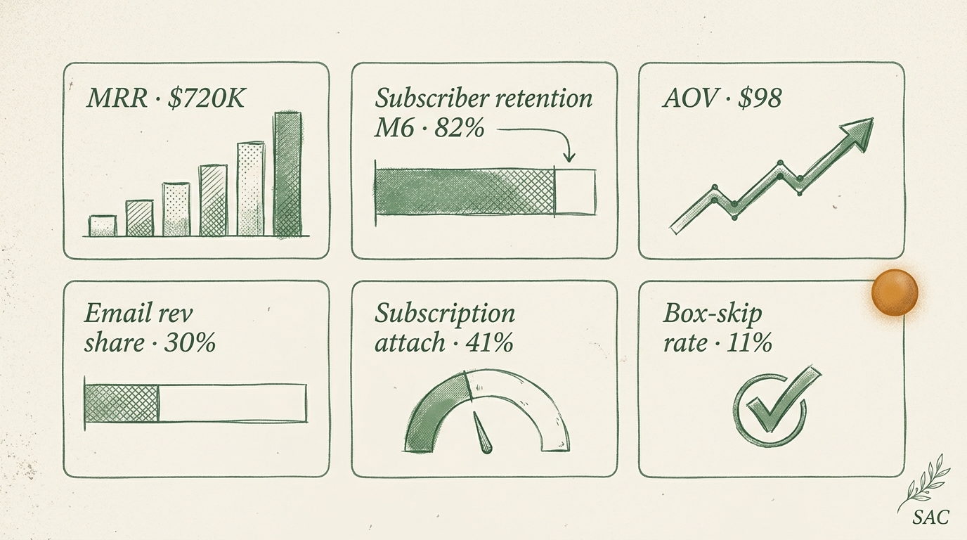 Editorial dashboard mockup with six metric tiles for the Sacramento farm-wellness archetype: MRR, subscriber retention, AOV, email revenue, subscription attach, box-skip rate