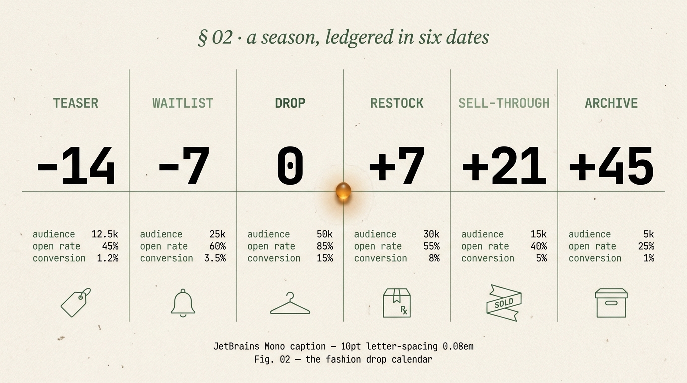 Editorial horizontal drop calendar showing six phases of a fashion drop: TEASER at day -14, WAITLIST at day -7, DROP at day 0 with amber accent, RESTOCK at day +7, SELL-THROUGH at day +21, ARCHIVE at day +45, each with small editorial icon and stat rows.
