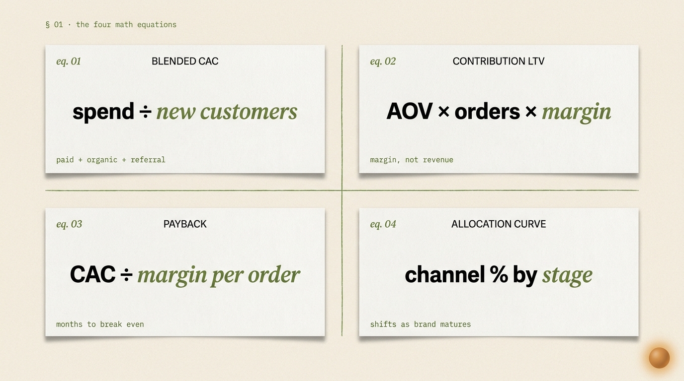 Editorial 2x2 grid of the four ecommerce marketing strategy equations: Blended CAC = spend ÷ new customers; Contribution LTV = AOV × orders × margin; Payback = CAC ÷ margin per order; Allocation Curve = channel % by stage