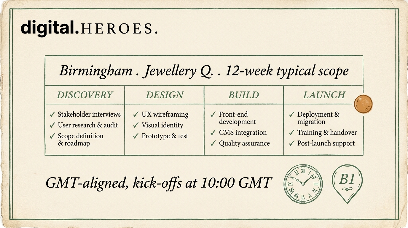 Editorial diagram of a Birmingham scope ledger with discovery, design, build, launch columns, GMT-aligned cadence