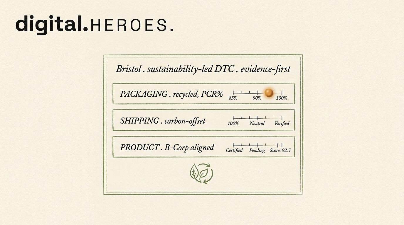 Editorial diagram of a Bristol sustainability ledger with packaging, shipping, product rows showing recycled, carbon-offset, B-Corp aligned tick-marks