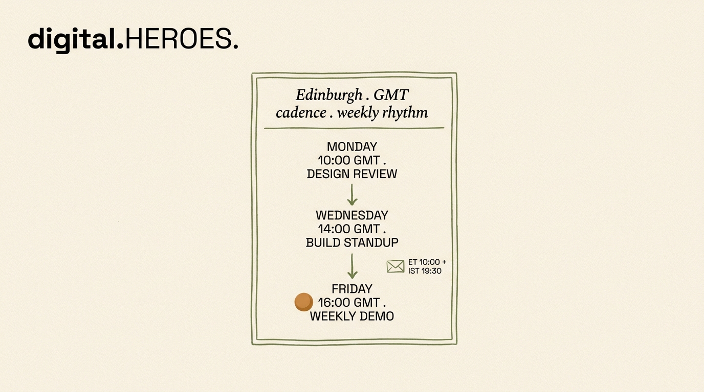 Editorial diagram of an Edinburgh GMT cadence timeline with Monday design review, Wednesday build standup, Friday weekly demo