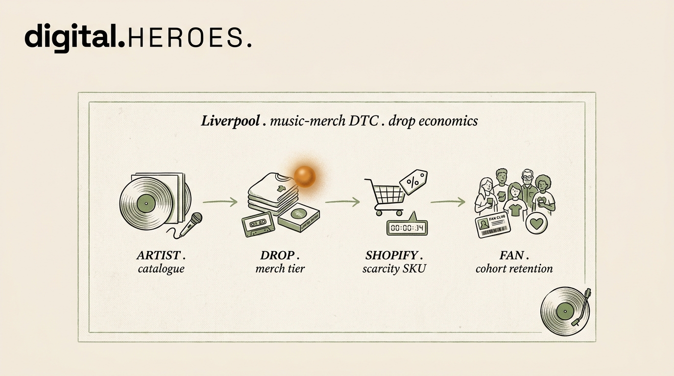 Editorial diagram of a Liverpool music-merch flow with artist catalogue, drop merch tier, Shopify scarcity SKU, fan cohort retention stations