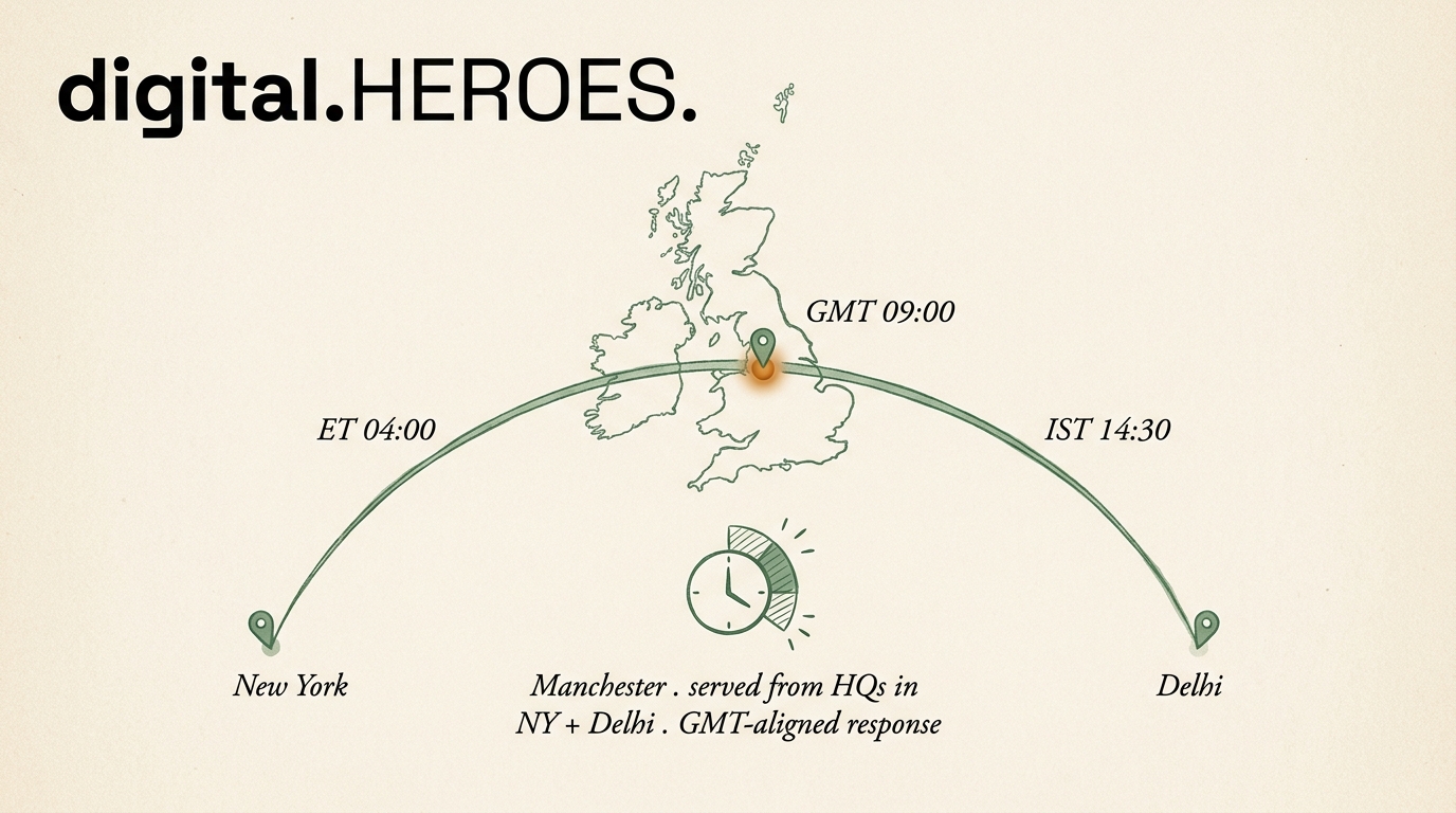 Editorial diagram of UK isle with Manchester pin, connected by timezone overlap arc to New York and Delhi pins, showing GMT-aligned coverage from HQs