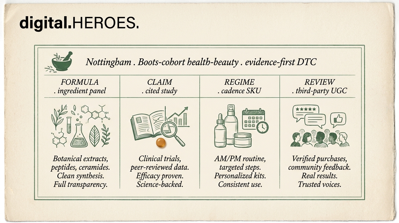 Editorial diagram of Nottingham health-beauty stack with formula, claim, regimen, review columns, mortar and pestle silhouette