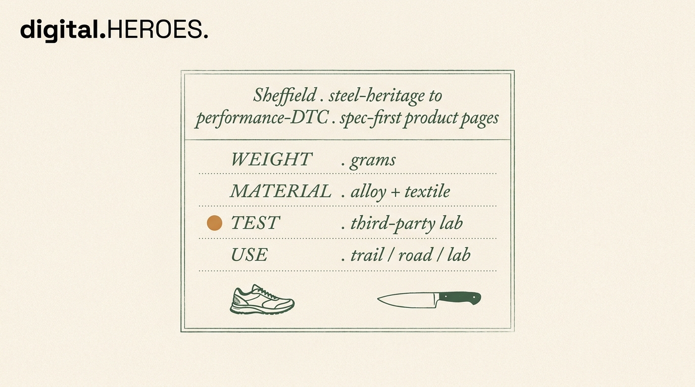 Editorial diagram of Sheffield performance-spec ledger with weight, material, test, use rows, with running shoe and knife blade silhouettes