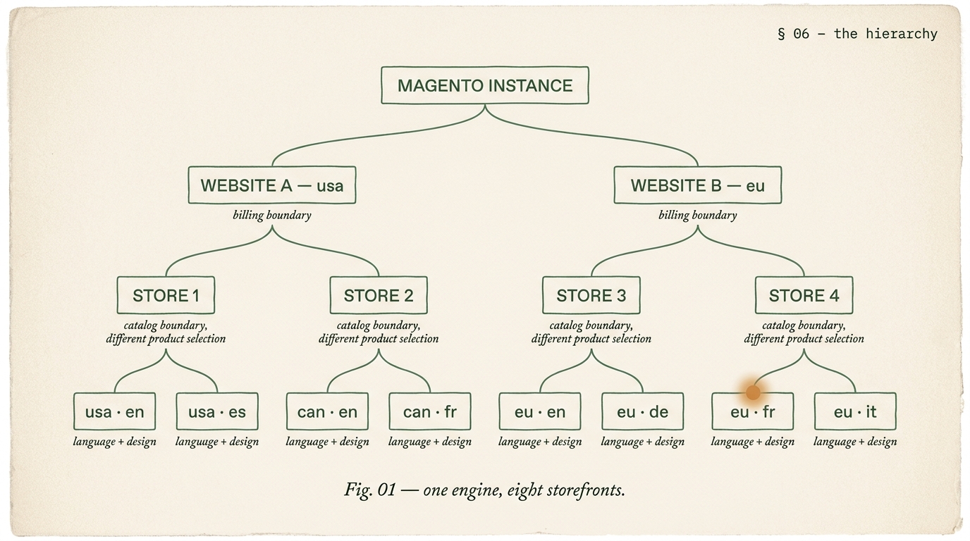 Editorial tree diagram of Magento multi-store hierarchy showing one Magento instance at the root branching to two websites, each branching to two stores, each branching to two store views, with an amber orb on one store-view leaf.