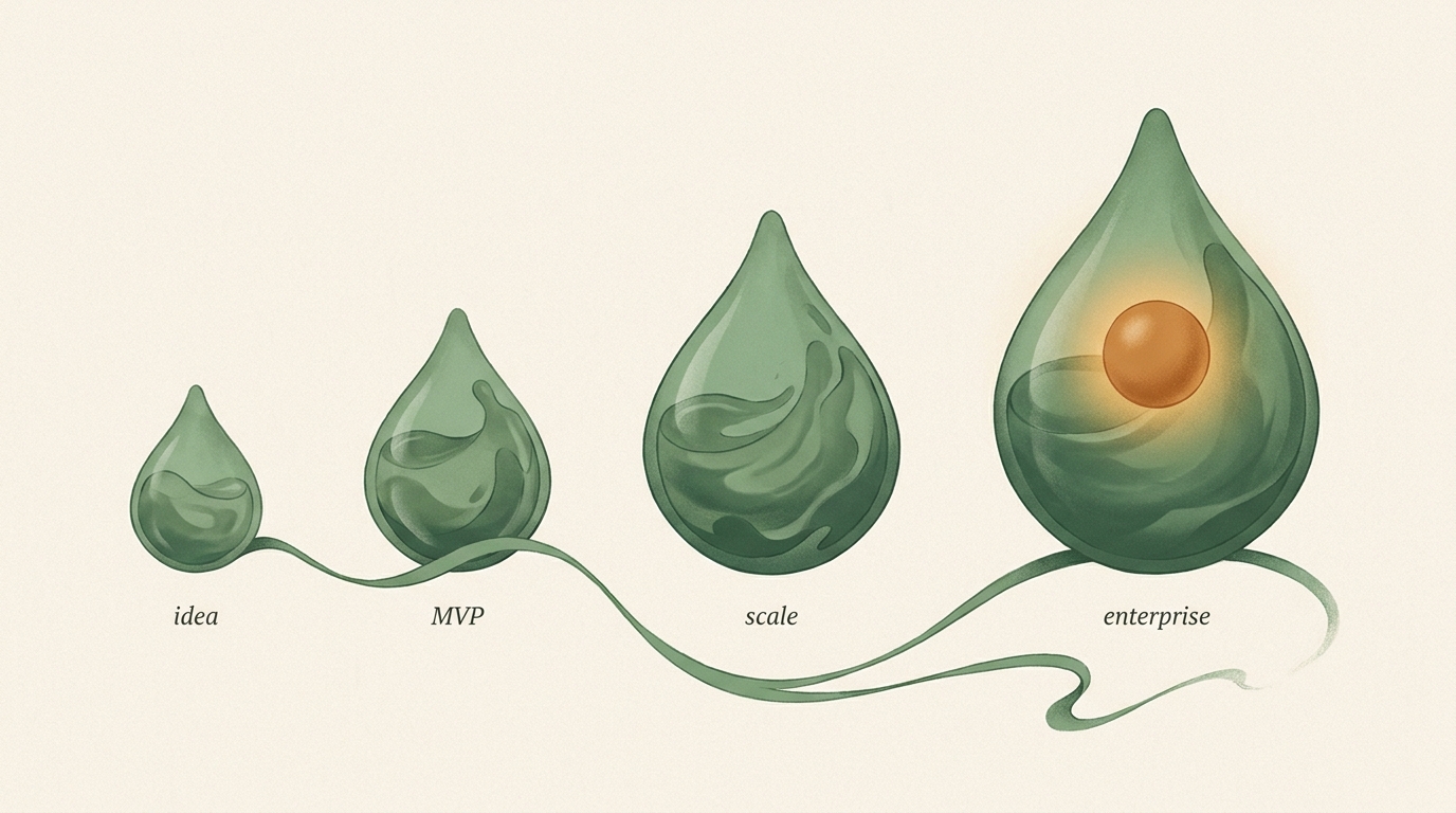 Four moss-green liquid drops of progressively increasing size representing the idea, MVP, scale, and enterprise revenue stages of a SaaS company