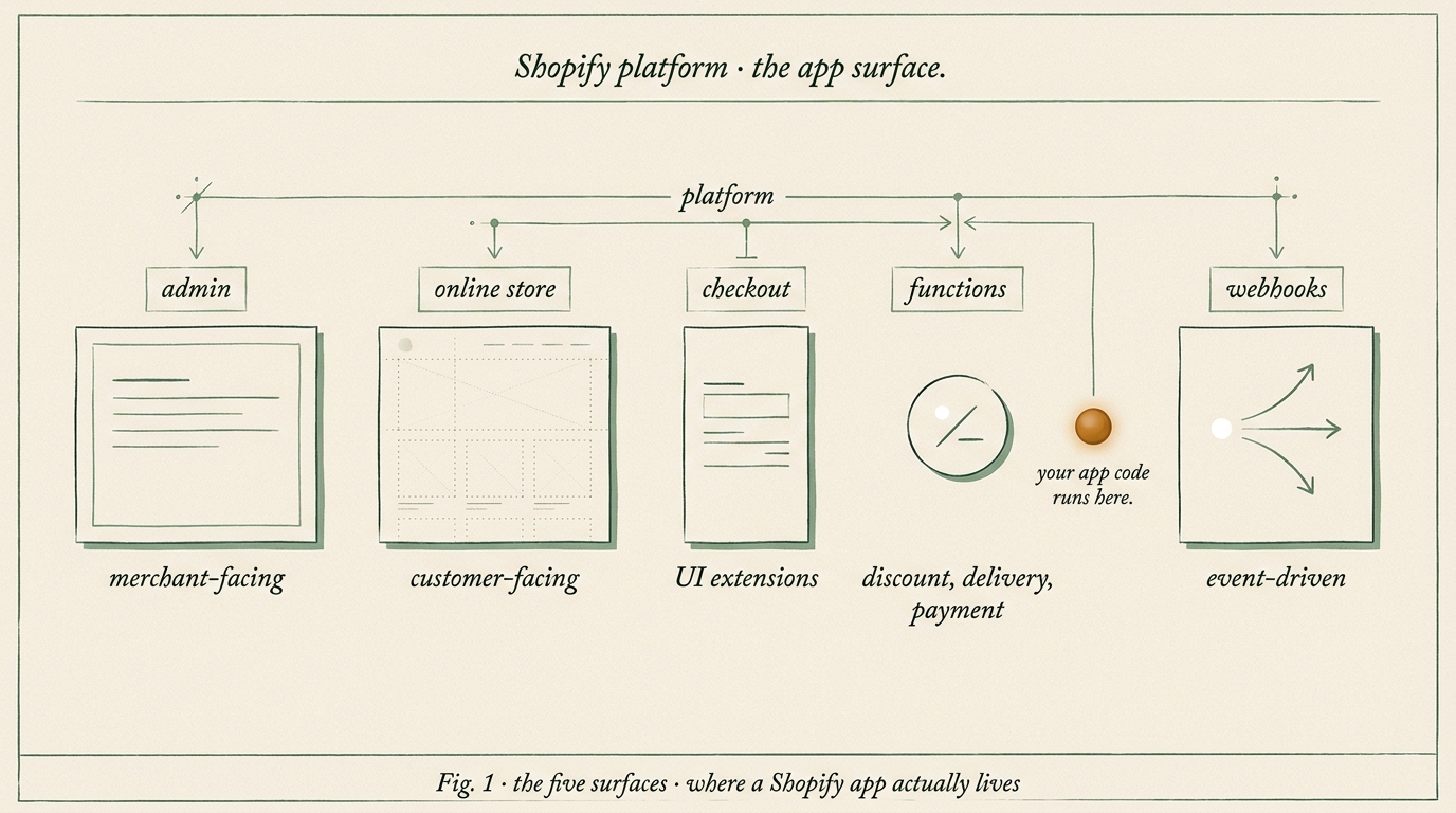 Editorial cross-section diagram of the five Shopify app extension surfaces: admin, online store, checkout, Shopify Functions, and webhooks. Each surface labeled with its extension point and a small amber orb marking the Shopify Functions surface as where the app's own business logic runs.