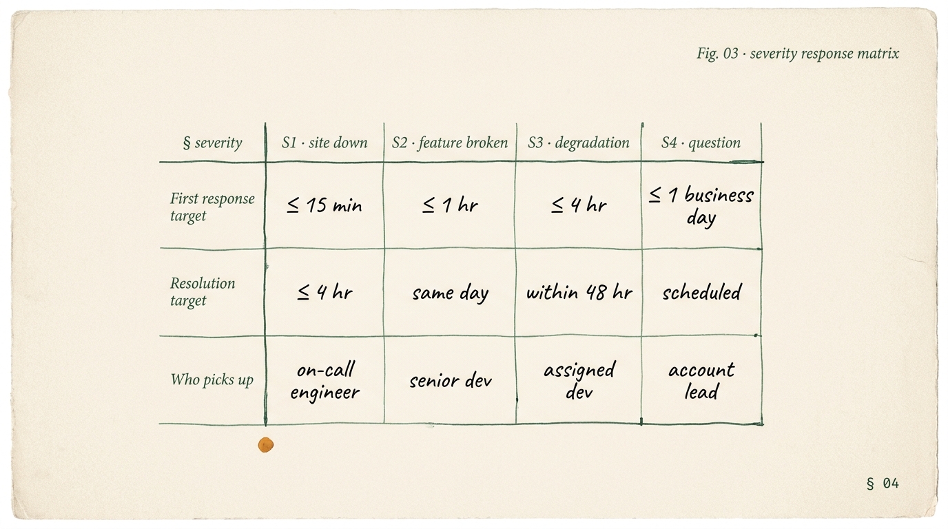 Shopify maintenance severity response matrix: S1 site down 15-minute first response and 4-hour resolution target picked up by on-call engineer; S2 feature broken 1-hour and same-day by senior dev; S3 degradation 4-hour and 48-hour by assigned dev; S4 question 1 business day and scheduled by account lead