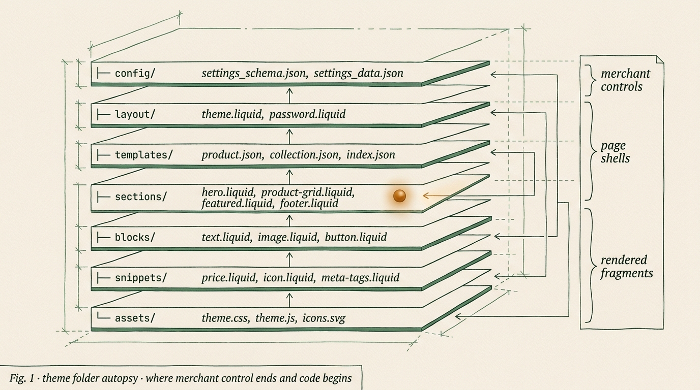 Editorial cross-section diagram of a Shopify theme folder structure: config, layout, templates, sections, blocks, snippets, assets. Each folder labeled with example Liquid filenames and an amber marker on the sections layer indicating merchant-editable control.