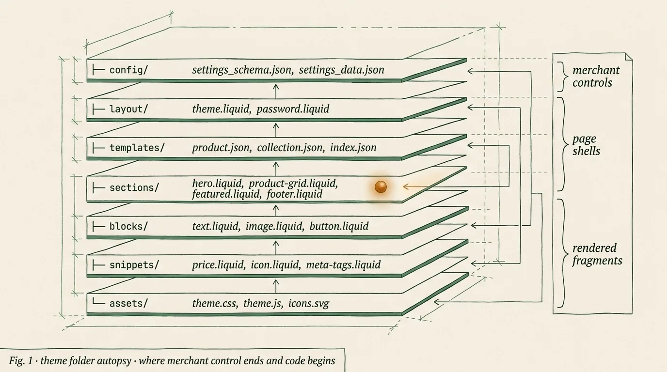 Editorial cross-section diagram of the seven-folder Shopify theme development structure: config, layout, templates, sections, blocks, snippets, assets, each labeled with example Liquid filenames and an amber marker on the sections layer indicating merchant-editable control.
