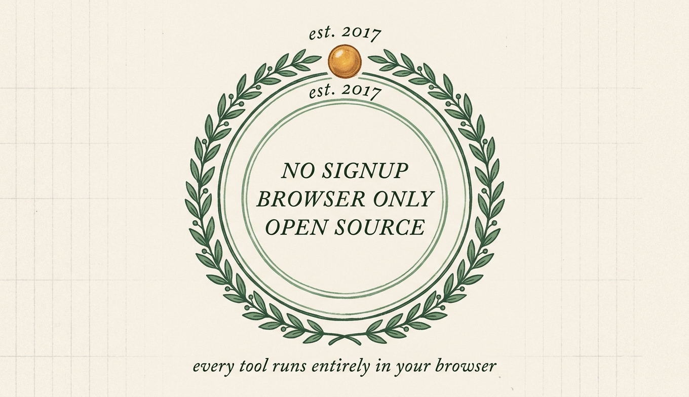 Editorial seal of craft: hand-drawn moss-green double-ring stamp with laurel leaves, centred text NO SIGNUP / BROWSER ONLY / OPEN SOURCE, small amber orb marker