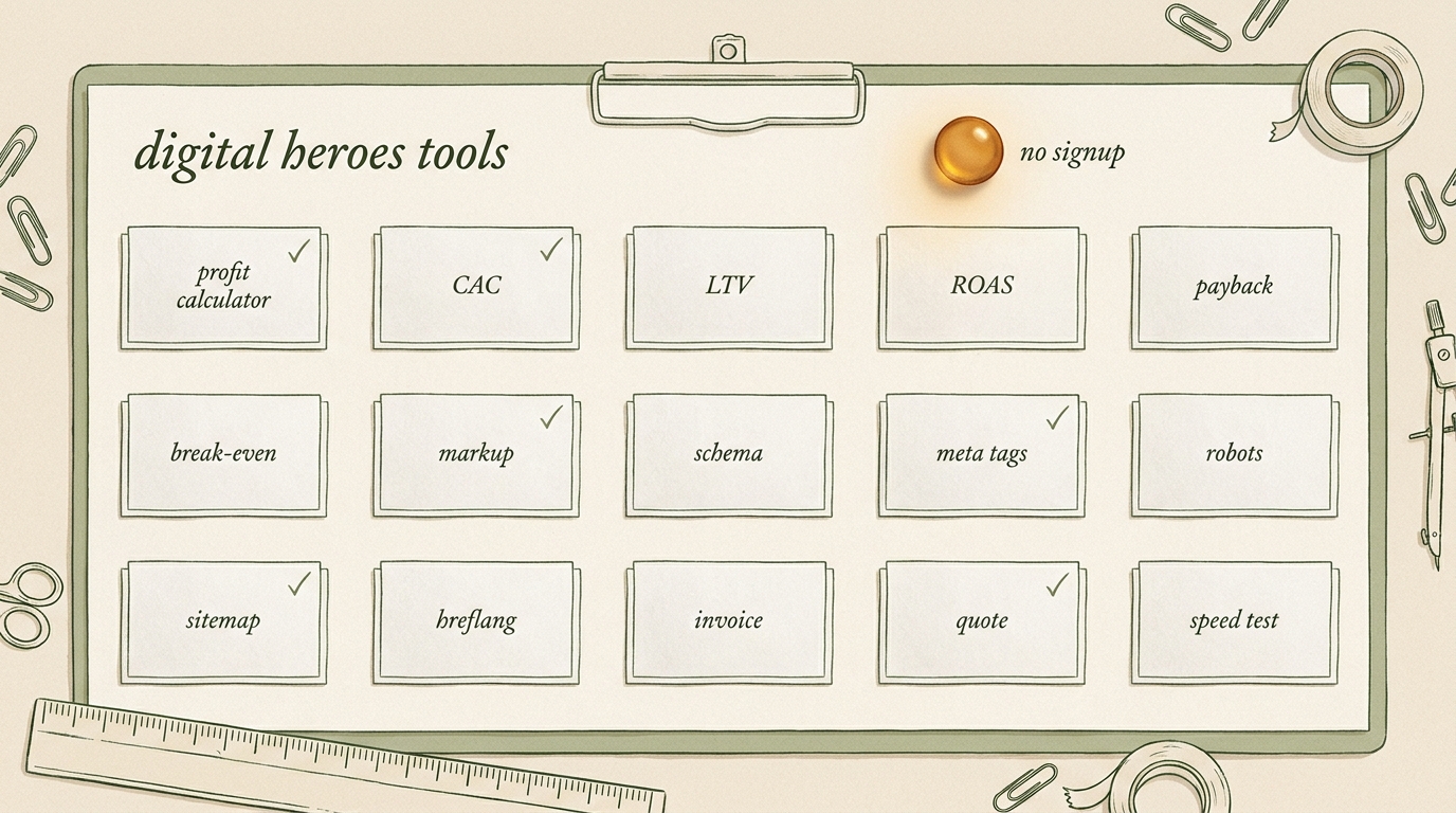 Editorial operator's workbench flat-lay showing all Digital Heroes tools arranged as hand-drawn labeled cards on cream paper, moss-green ink, single amber accent