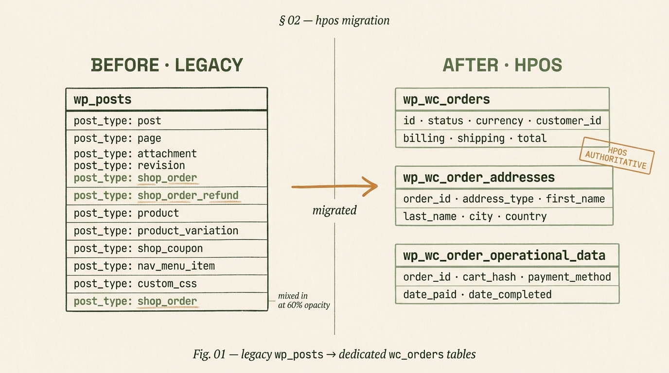 Editorial before-and-after database schema diagram showing WooCommerce HPOS migration: legacy wp_posts table crowded with mixed post types including shop_order rows on the left, migrating via an amber arrow to three dedicated WooCommerce order tables wp_wc_orders, wp_wc_order_addresses, and wp_wc_order_operational_data on the right, with an HPOS AUTHORITATIVE stamp.