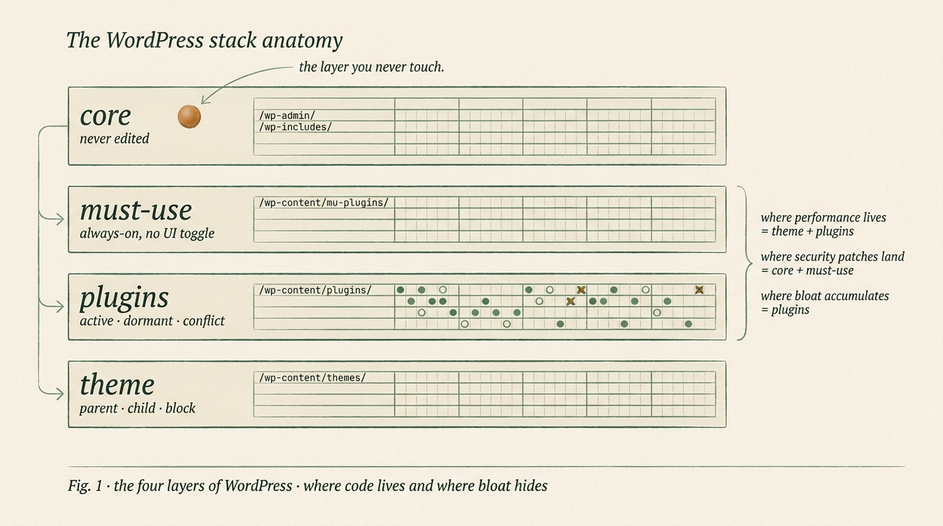 Editorial cross-section schematic of the four WordPress code layers: core, must-use plugins, plugins directory, and theme. Each layer labeled with its /wp-content/ file path and an amber marker on the core layer indicating the layer that is never manually edited.