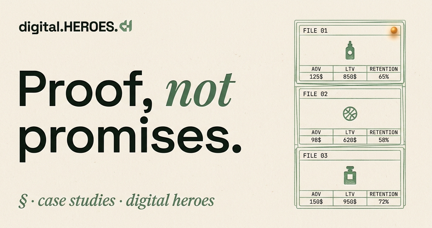 Editorial archive illustration showing three stacked ledger cards with JetBrains-Mono headers FILE 01, FILE 02, FILE 03, each with client-silhouette glyphs (bottle, ball, flacon), thin moss-green data columns AOV LTV RETENTION, and a single amber orb at FILE 01.