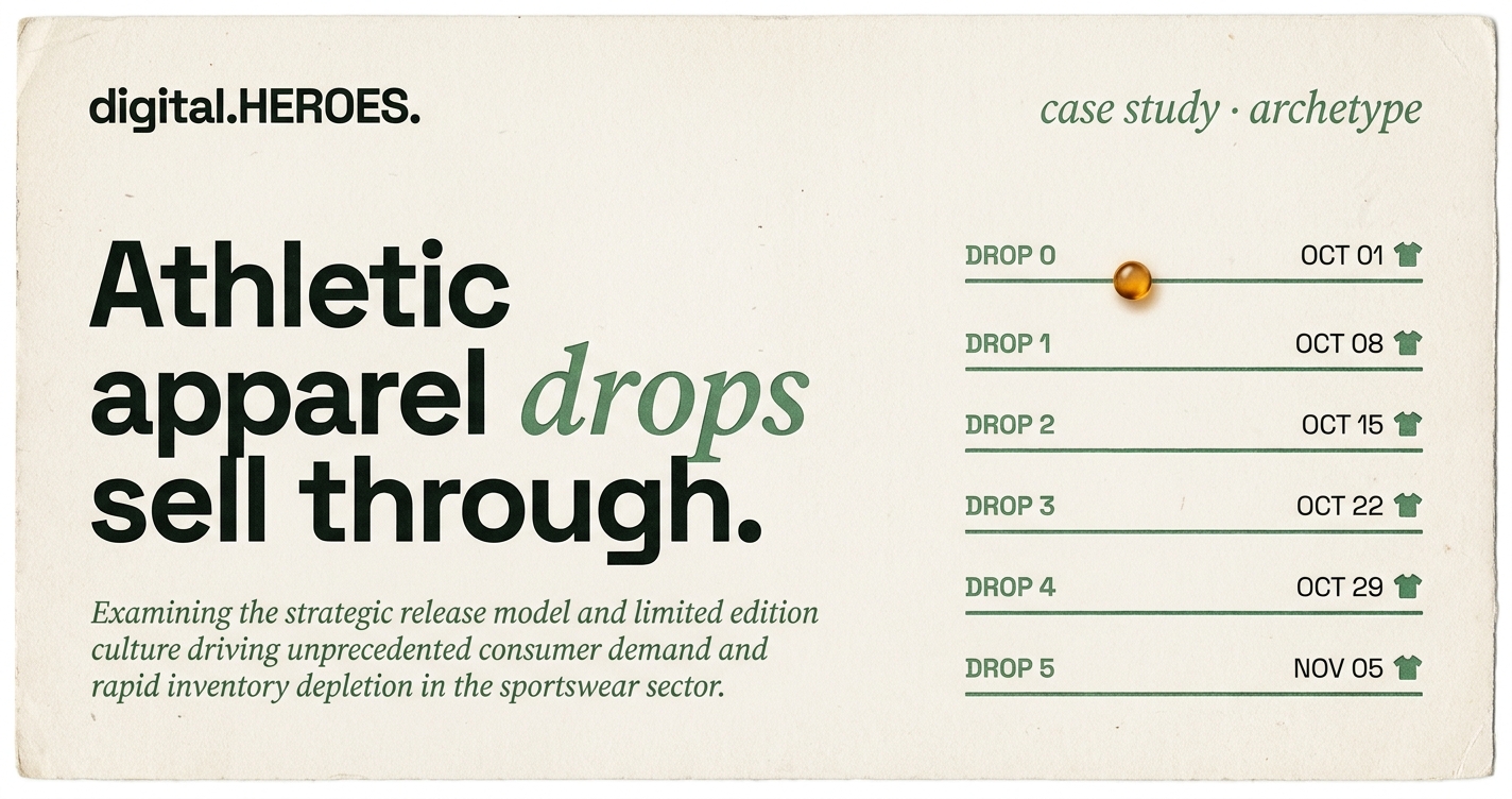 Editorial drop calendar in moss-green ink showing six horizontal rule lines with calendar dates and garment tag icons, a single amber orb on the DROP 0 line.