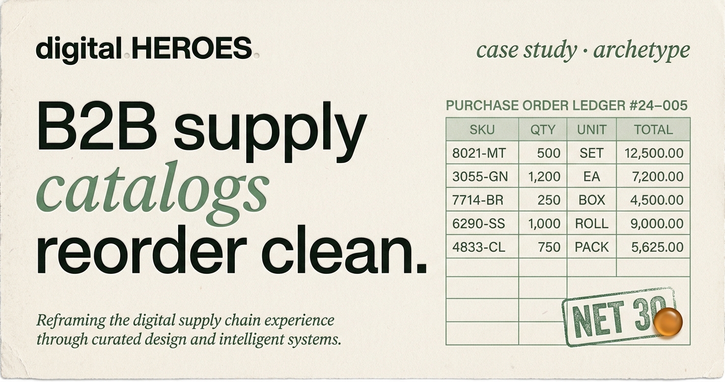 Editorial purchase-order ledger sheet in moss-green ink with rows labeled SKU, QTY, UNIT, TOTAL, and a NET 30 stamp in bottom-right with single amber orb.