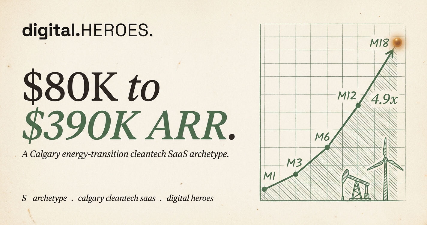 Editorial ARR-trajectory plate showing 4.9x ARR rise from $80K to $390K across 18 months for a Calgary cleantech SaaS archetype