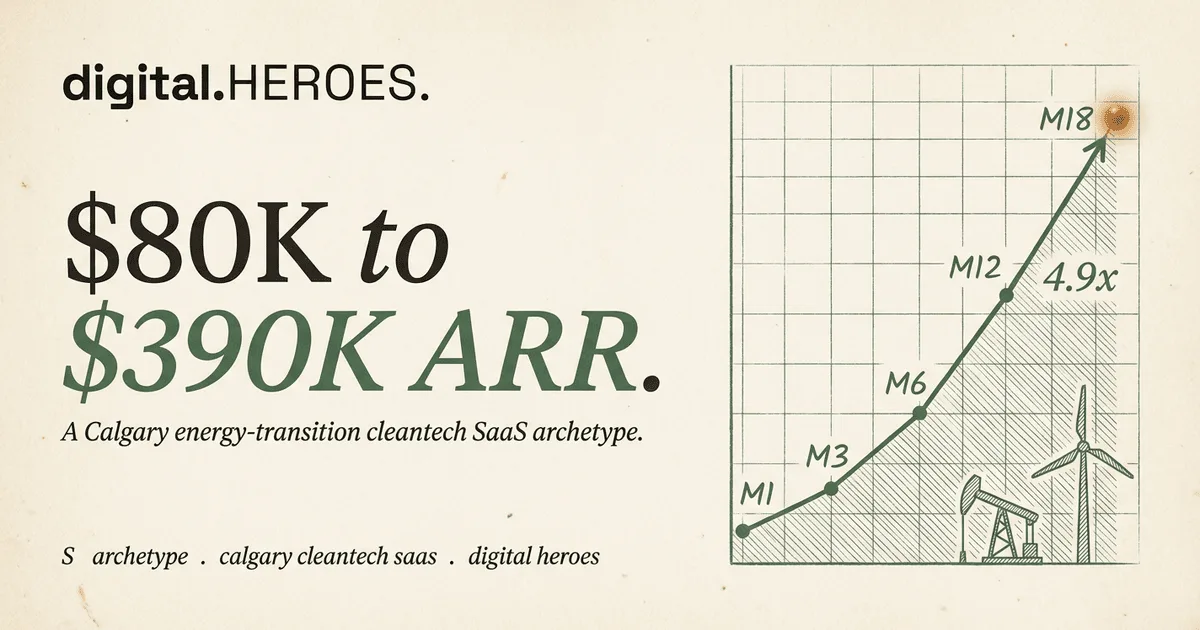 Calgary cleantech SaaS archetype trajectory plate — Digital Heroes 4.9x ARR growth pattern from $80K to $390K across 18 months