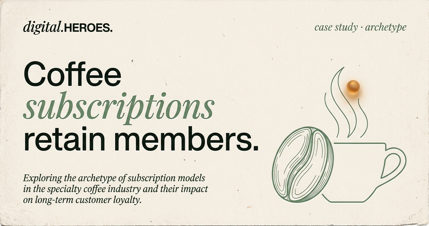 Editorial coffee-bean cross-section and cup outline in moss-green hairline: a split coffee bean next to a cup silhouette with three steam lines rising and a small amber orb in the steam.