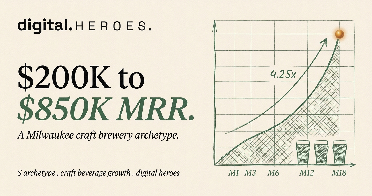 Editorial revenue-trajectory plate showing 4.25x MRR rise from $200K to $850K across 18 months for the Milwaukee craft brewery archetype