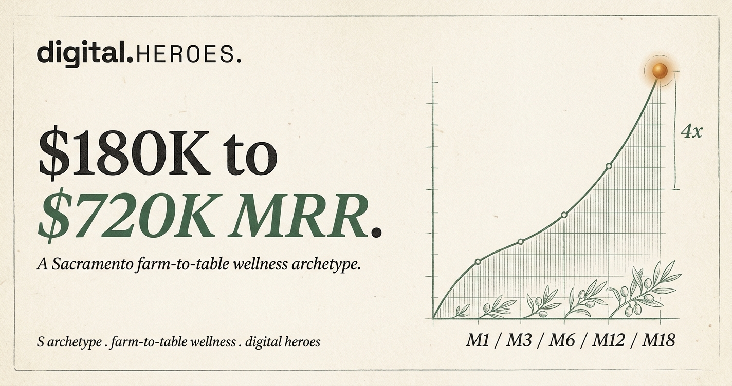 Editorial revenue-trajectory plate showing 4x MRR rise from $180K to $720K across 18 months for the Sacramento farm-wellness archetype