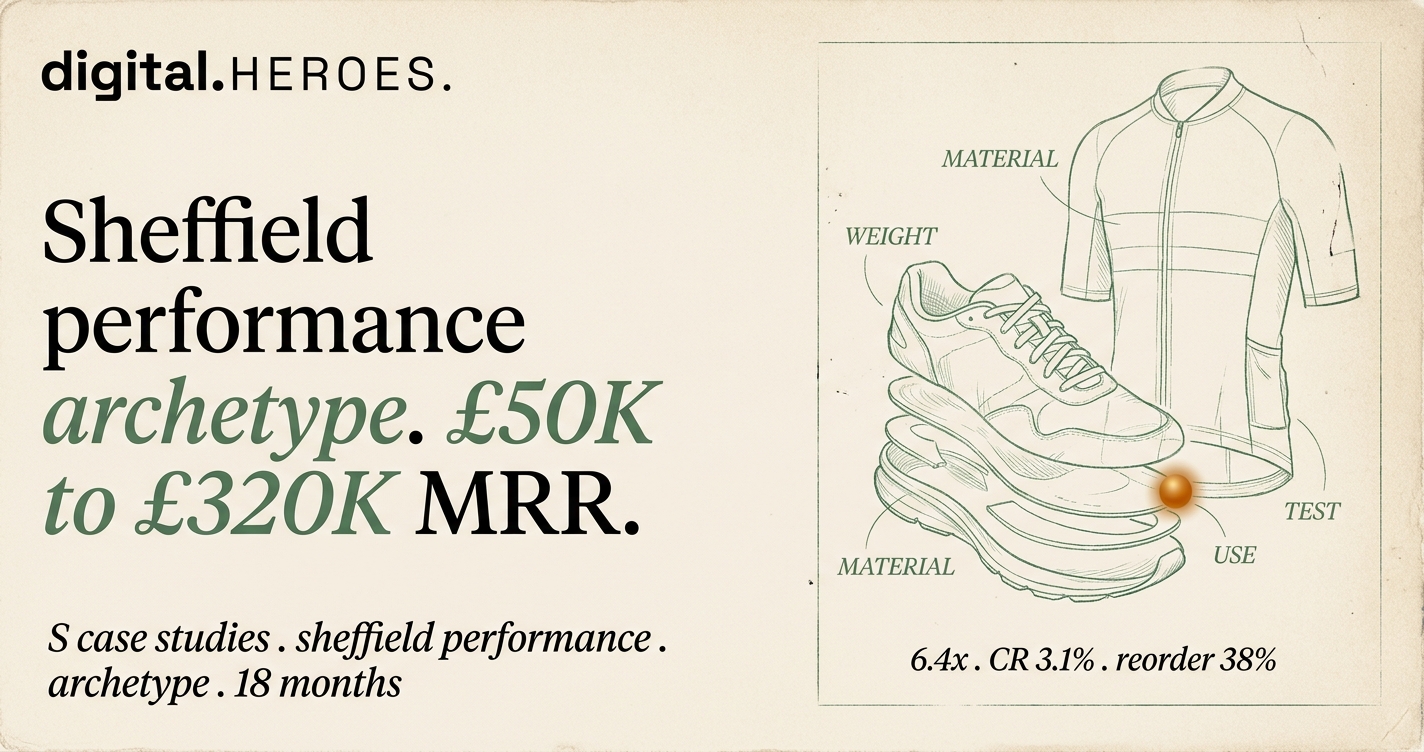 Editorial spec-detail plate showing Sheffield performance archetype with running shoe and cycling jersey schematic in moss-green hairline
