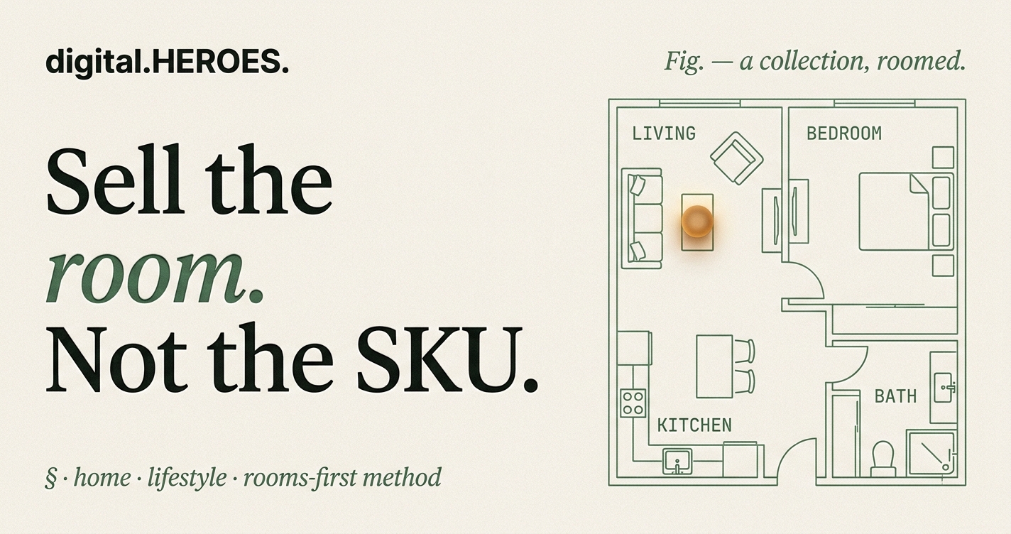Editorial isometric floor plan in thin moss-green ink showing four labeled rooms: LIVING, BEDROOM, KITCHEN, BATH. Each room carries furniture linecut glyphs and the LIVING room holds a single amber orb as a warm accent.