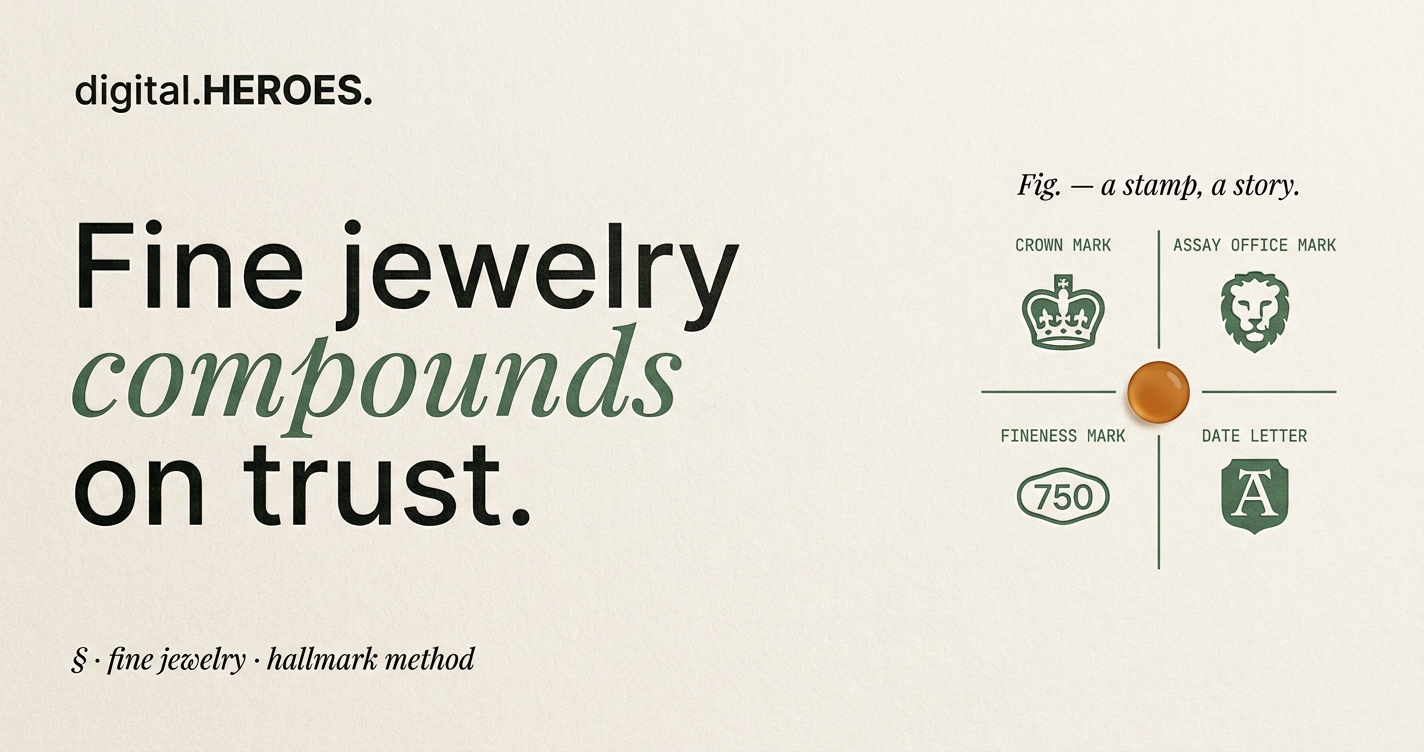 Editorial hallmark-stamp plate showing four jeweler's test marks in moss-green ink: crown mark, fineness mark 750, assay office mark, date letter. One amber orb accent centered in the 2x2 grid.