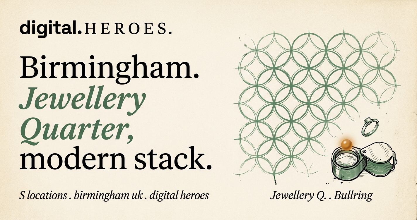 Editorial illustration of Birmingham Library facade with interlocking-circle pattern, jewellers' loupe and ring-band motif, in moss-green hairline ink