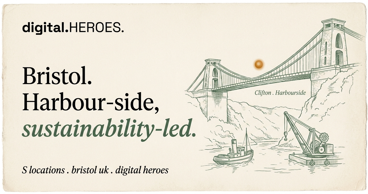 Editorial illustration of Clifton Suspension Bridge spanning the Avon Gorge with a small harbour boat below, in moss-green hairline ink